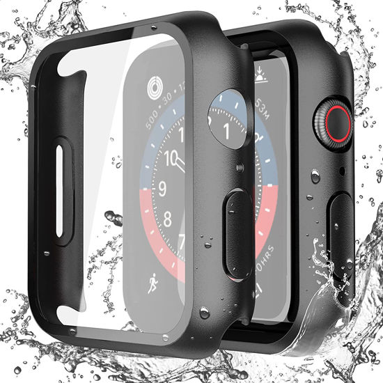 Picture of Misxi [2 Pack] Waterproof Black Hard Case with Tempered Glass Compatible with Apple Watch SE 2 (2024) SE Series 6 Series 5 Series 4 44mm, Ultra-Thin Protective Cover for iWatch Screen Protector