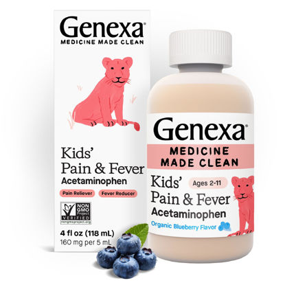 Picture of Genexa Kids’ Clean Pain & Fever Acetaminophen, Dye Free, 0% Artificial Additives, Delicious Organic Blueberry Flavor, Liquid Oral Suspension Medicine for Children 2-11, 160 mg per 5mL, 4 fl oz