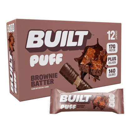 Picture of BUILT Puff Protein Bars, Brownie Batter Puff, High Protein Bars, 17g High Protein Snacks, On-The-Go Bars, only 140 Calories, 6g Sugar, Collagen, Gluten Free, 12 Count