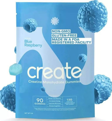 Picture of Create Creatine Monohydrate Gummies for Men & Women, Boost Focus, Strength, and Endurance, Anti-Melting Formula, Vegan, Gluten-Free, Non-GMO, 1.5g of Creatine per Gummy (Blue Raspberry, 90 ct)