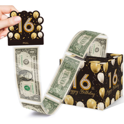Picture of 16th Birthday Surprise Gift Box, 16th Birthday Gifts for Girls Boys, Happy Birthday Money Gift Boxes for Cash with Pull Out, Black Gold Decor for 16th Birthday Party(with 35PCS Bags)