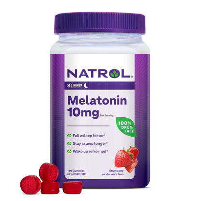 Picture of Natrol Melatonin Gummies, Sleep Support for Adults, 10 mg Melatonin Supplement for Sleeping, 140 Strawberry-Flavored Gummies, Up to a 70 Day Supply
