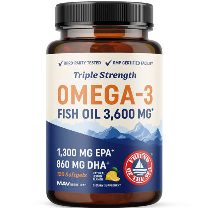 Picture of Triple Strength Omega 3 Fish Oil 3600 mg | EPA & DHA | Over 2100mg Omega-3 Fatty Acids | 1300mg EPA + 860mg DHA | Best Essential Fatty Acids | Premium Wild Caught & Burpless Fish Oil | 120 Ct