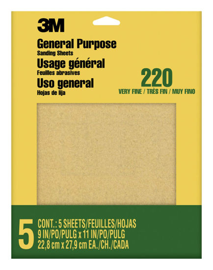 Picture of 3M Sandpaper, 220 Grit, 5 Sheets, 9 in x 11 in, Sands Paint, Wood & Metal, Great For General Purpose Sanding, Very Fine Aluminum Oxide Sand Paper (9000NA-20)