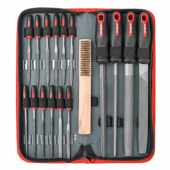 Picture of Hi-Spec 17 Piece Metal Hand & Needle File Tool Kit Set. Large & Small Mini T12 Carbon Steel Flat, Half-Round, Round & Triangle Files. Complete in a Zipper Case with a Brush