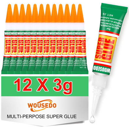 Picture of WOUSEDO 12 X 3g Super Glue Clear, Strong Adhesive,Super Glue Fast Drying Cyanoacrylate Glue for Wood,Rubber,Leather, Plastic, Metal, Rhinestone Jewelry, DIY Crafts…