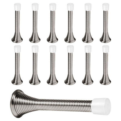 Picture of KISEER 12 Pack Spring Door Stops 3 1/4" Flexible Heavy Duty Spring Door Stopper with RustProof Screw Rubber Bumper Tips (Satin Nickel)