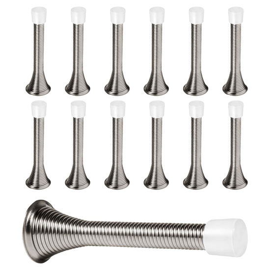 Picture of KISEER 12 Pack Spring Door Stops 3 1/4" Flexible Heavy Duty Spring Door Stopper with RustProof Screw Rubber Bumper Tips (Satin Nickel)