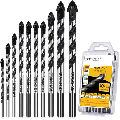 Picture of Professional Masonry Drill Bit Set (10PCS) for Glass/Brick/Plastic/Cement/Wood/Tile/Etc, Industrial Strength Carbide Drill Bit Tip, 1/8"-1/2" by TITGGI