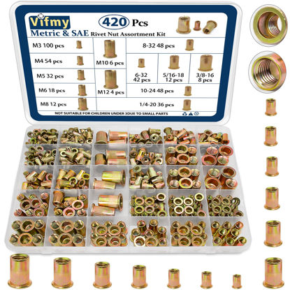 Picture of Vifmy Metric & SAE Rivet Nut Assortment Kit(420 Pcs),m3 m4 m5 m6 m8 m10 m12#6-32#8-32#10-24 1/4"-20 5/16"-18 3/8"-16 UNC Flat Head Rivnut Set,Zinc Plated Finish Carbon Steel Nutsert