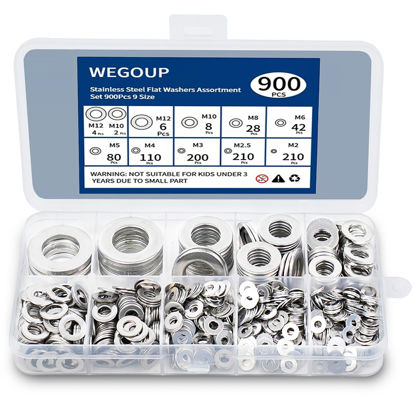 Picture of WEGOUP 900 Pcs Stainless Steel Flat Washers for Screws, 304 Stainless Steel, Assorted Sizes (M2 M2.5 M3 M4 M5 M6 M8 M10 M12) for Industrial Use, Washers for Bolts