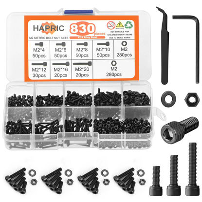 Picture of 830 Pcs M2 Screws Kit M2 Bolts Kit M2*4mm/6mm/8mm/10mm/12mm/16mm/20mm Machine Screw Kit, 12.9 Alloy Steel Black Zinc Plated Hex Socket Head Screws Nuts Bolts and Washers Set