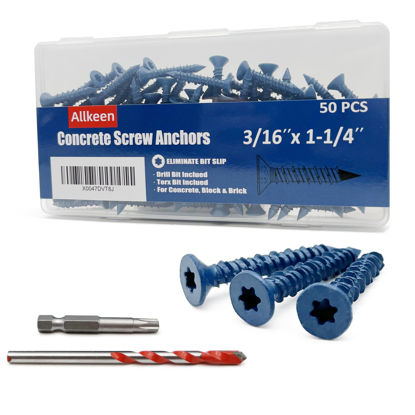 Picture of Allkeen 3/16" x 1-1/4" Concrete Screws, Anchoring to Masonry, Brick, Block, Cement or Stucco, 50PCS