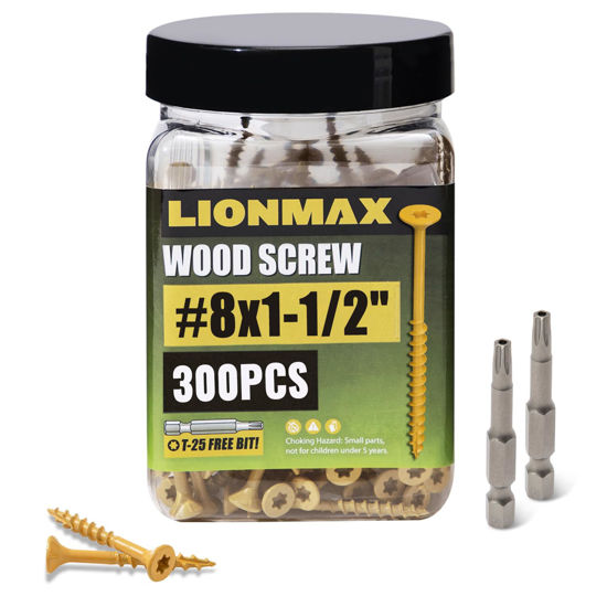 Picture of LIONMAX Wood Screws 1-1/2 Inch, Deck Screws #8 x 1-1/2", 300 PCS, Rust Resistant, Epoxy Coated, Exterior Wood Screw, Outdoor Decking Screws, Torx/Star Drive Head, T25 Star Bit Included, Tan