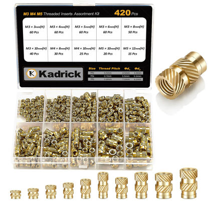 Picture of Kadrick 420Pcs M3 M4 M5 Threaded Inserts Assortment Kit for 3D Printing Components, Metric Brass Knurled Nuts, Insert by Heat into Plastic Parts