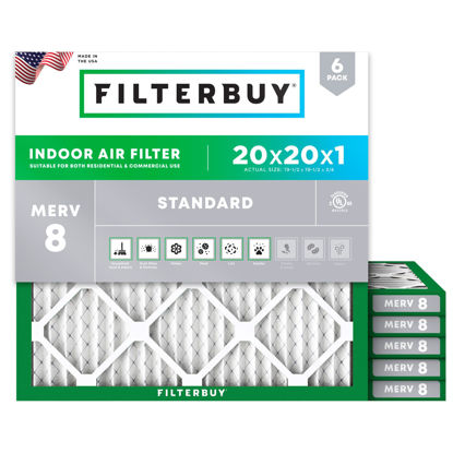 Picture of Filterbuy 20x20x1 Air Filter MERV 8 Dust Defense (6-Pack), Pleated HVAC AC Furnace Air Filters Replacement (Actual Size: 19.50 x 19.50 x 0.75 Inches)