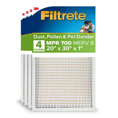 Picture of Filtrete 20x30x1 AC Furnace Air Filter, MERV 8, MPR 700, Tough on Pollen, Easy on Airflow, 3-Month Pleated 1-Inch Electrostatic Air Cleaning Filter, 4-Pack (Actual Size 19.880 x 29.880 x 0.8125 in )