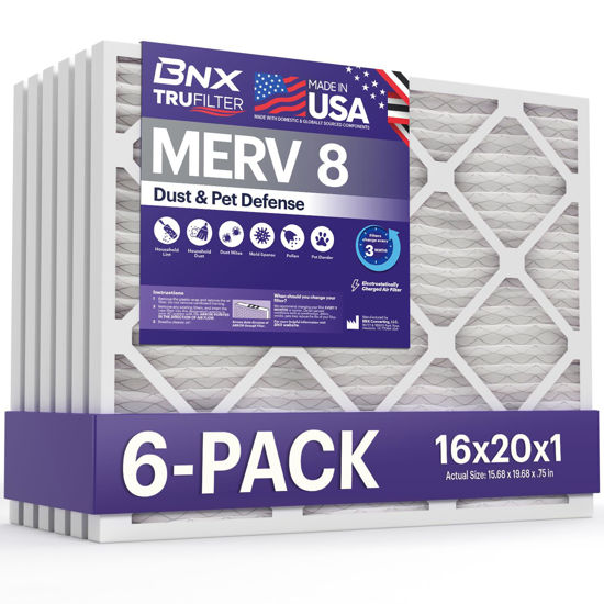 Picture of BNX TruFilter 16x20x1 Air Filter MERV 8 (6-Pack) - MADE IN USA - Dust & Pet Defense Electrostatic Pleated Air Conditioner HVAC AC Furnace Filters for Dust, Pet, Mold, Pollen MPR 600 - 700 & FPR 5