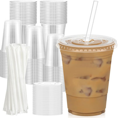 Picture of Dealusy 100 Pack - 16 oz Clear Plastic Cups with Lids and Straws, Sturdy & Food Safe Iced Coffee Cups with lids, Iced Coffee Cup, Disposable Cups Plastic Coffee Cups Smoothie Cups for Cold Drinks