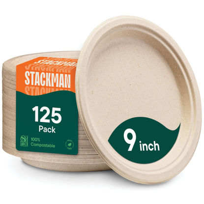 Picture of 100% Compostable Paper Plates, Heavy Duty Disposable Plates [125-Pack] 9 Inch Plates - Eco-Friendly, Biodegradable Sugarcane Bagasse, Natural Unbleached Brown 9" Dinner Paper Plate Disposable