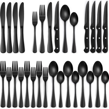 Picture of 24-Piece Black Silverware Set with Steak Knives, Black Flatware Set for 4, Food-Grade Stainless Steel Tableware Cutlery Set, Mirror Finished Utensil Sets for Home Restaurant