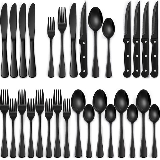 Picture of 24-Piece Black Silverware Set with Steak Knives, Black Flatware Set for 4, Food-Grade Stainless Steel Tableware Cutlery Set, Mirror Finished Utensil Sets for Home Restaurant