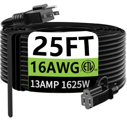 Picture of HUANCHAIN Indoor Outdoor Black Extension Cord 25 ft Waterproof, 16/3 Gauge Flexible Cold-Resistant Appliance Cord Outside, 13A 1625W 16AWG SJTW, 3 Prong Heavy Duty Electric Cord, ETL