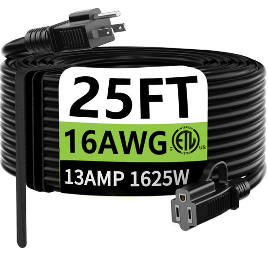 Picture of HUANCHAIN Indoor Outdoor Black Extension Cord 25 ft Waterproof, 16/3 Gauge Flexible Cold-Resistant Appliance Cord Outside, 13A 1625W 16AWG SJTW, 3 Prong Heavy Duty Electric Cord, ETL
