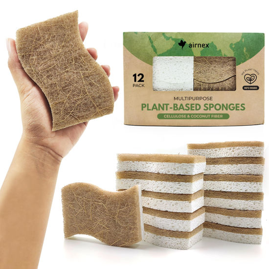 Picture of AIRNEX Natural Kitchen Sponge - Biodegradable Compostable Cellulose and Coconut Scrubber Sponge - Pack of 12 Eco Friendly Sponges for Dishes
