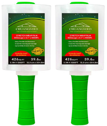 Picture of 2-Pack Industrial Mini Clear Stretch Wrap Film 80 Gauge 5.1" 1000ft for Pallet Wrap with Plastic Handle,Durable Self-Adhering Packing,Moving,Packaging,Heavy Duty Shrink Film Chuangseed