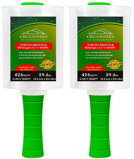 Picture of 2-Pack Industrial Mini Clear Stretch Wrap Film 80 Gauge 5.1" 1000ft for Pallet Wrap with Plastic Handle,Durable Self-Adhering Packing,Moving,Packaging,Heavy Duty Shrink Film Chuangseed