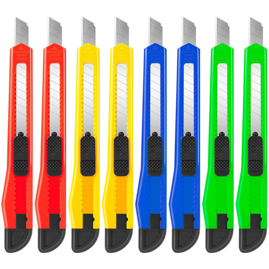 Picture of 8 Pack Utility Knife Box Cutters (9mm Wide Blade Cutter 4 Colors) Box Cutter Retractable, Compact Utility Knives, Extended Use for Office, Craft, Razor Knife, Paper Knife, Disposable Box Opener
