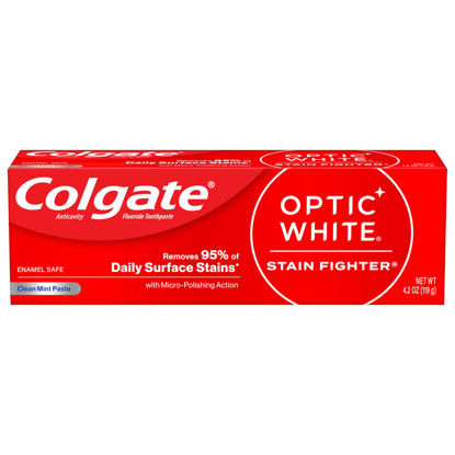 Picture of Colgate Optic White Stain Fighter Whitening Toothpaste, Clean Mint Flavor, Safely Removes Surface Stains, Enamel-Safe for Daily Use, Teeth Whitening Toothpaste with Fluoride, 4.2 Oz Tube