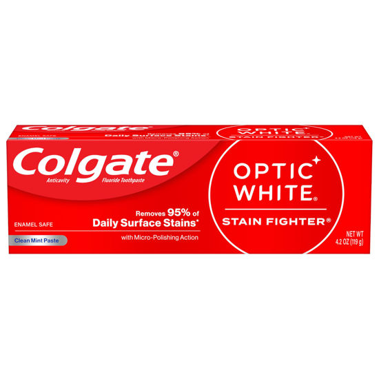 Picture of Colgate Optic White Stain Fighter Whitening Toothpaste, Clean Mint Flavor, Safely Removes Surface Stains, Enamel-Safe for Daily Use, Teeth Whitening Toothpaste with Fluoride, 4.2 Oz Tube