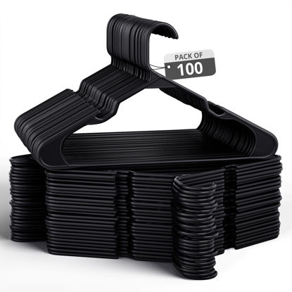 Picture of Our Modern Space 100 Pack Adult Plastic Hanger for Shirt Pants Coats Dresses Skirts Suits Jackets - Standard Thick Coat Hanger - Sturdy & Durable Design with Shoulder Grooves Hook - Black