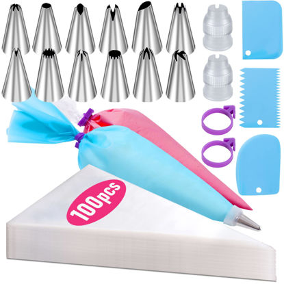 Picture of Piping Bags and Tips Set, 100Pcs 12 Inch Pastry Bags, Icing Bags Disposable for Cakes Decorating Kit Supplies with 1 Reusable Piping Bags, 1 Couplers, 12 Frosting Tips, 2 Bag Ties, 3 Cake Scraper