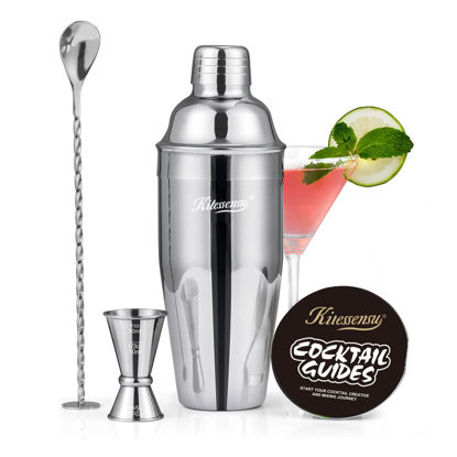 Picture of Cocktail Shaker, KITESSENSU 24oz Drink Shaker with Bartender Strainer, Measuring Jigger, Bar Mixing Spoon, Cocktail Recipe Guide, Professional Drink Mixer Set for Beginners, Silver