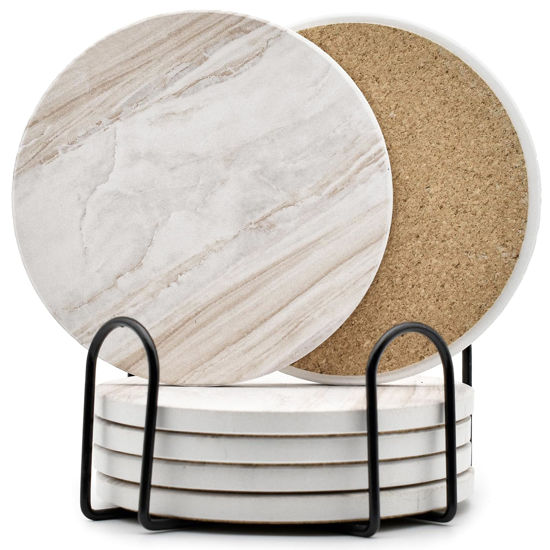 Picture of 6Pcs Drink Coasters with Holder, Marble Style Ceramic Drink Coaster, Absorbent Coasters Set Suitable for Kinds of Cups, Modern Style Coasters for Coffee Table, 4 Inches