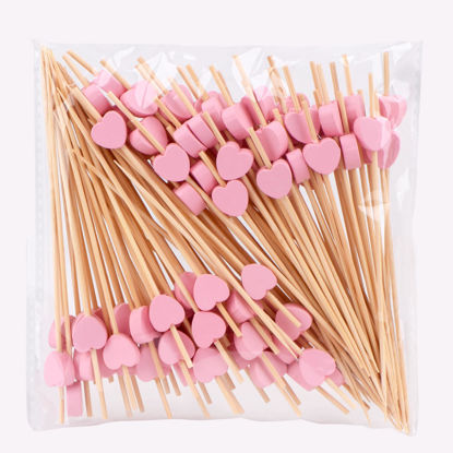 Picture of JtmyAota 100 Pack Fruit Toothpicks, Heart-Shaped Bamboo Cocktail Picks, Natural Bamboo Toothpicks for Appetizers Fruit Cake Dessert Barbecue Snacks Sandwiches (Pink)