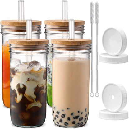 Picture of Glass Cups with Lids and Straws,24 oz Smoothie Cup with Lid and Straw-DWTS Boba Mason Jar,Wide Mouth Reusable Drinking Glasses,Iced Coffee Cups Glass,Vasos De Vidrio【4 Pack】