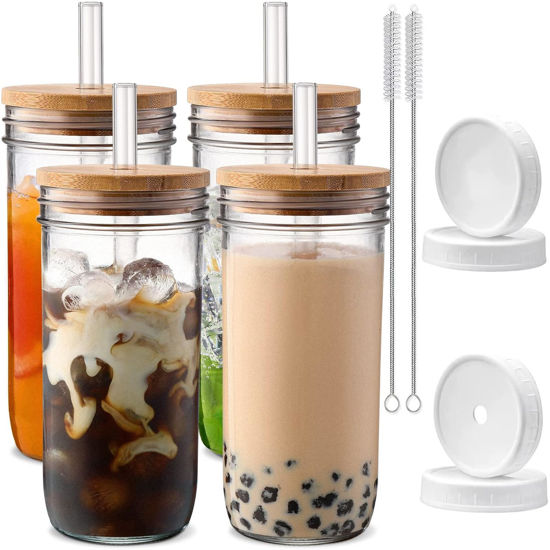 Picture of Glass Cups with Lids and Straws,24 oz Smoothie Cup with Lid and Straw-DWTS Boba Mason Jar,Wide Mouth Reusable Drinking Glasses,Iced Coffee Cups Glass,Vasos De Vidrio【4 Pack】
