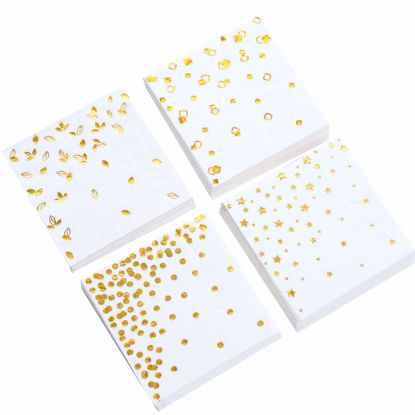 Picture of 100 PK Gold Napkins - 4 Assorted Designs - 3-Ply Cocktail Napkins Folded 5 x 5 Inches Bar Napkins Disposable Party Napkins Paper Napkins Dinner for Wedding Baby Shower Birthday Graduation 2023