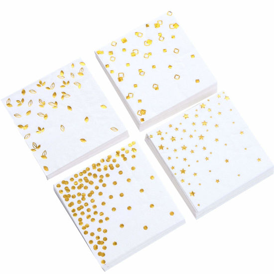 Picture of 100 PK Gold Napkins - 4 Assorted Designs - 3-Ply Cocktail Napkins Folded 5 x 5 Inches Bar Napkins Disposable Party Napkins Paper Napkins Dinner for Wedding Baby Shower Birthday Graduation 2023