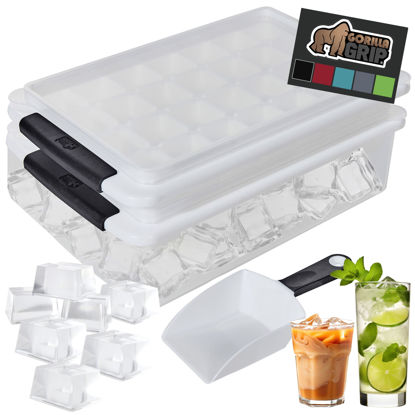 Picture of Gorilla Grip Stackable Ice Cube Tray and Bucket Set for Freezer, Includes 2 Trays with Lid and Scooper, Easy Release, Makes 56 Cubes for Cocktail Soda Coffee, Leak Proof Bin Kit, Kitchen Tools, Black