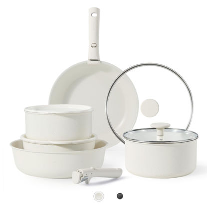 Picture of CAROTE Pots and Pans Set Non Stick, Cookware Sets, 11pcs Kitchen Set, Oven/Fridge Safe, Space Saving Pots Set, Nonstick Cooking Set with Versatile Detachable Handle, Induction RV Set, Cream White