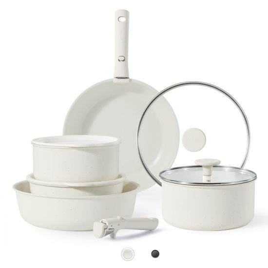 Picture of CAROTE Pots and Pans Set Non Stick, Cookware Sets, 11pcs Kitchen Set, Oven/Fridge Safe, Space Saving Pots Set, Nonstick Cooking Set with Versatile Detachable Handle, Induction RV Set, Cream White