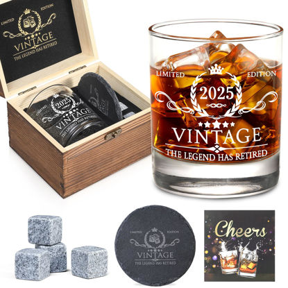 Picture of Retirement Gifts for Men Whiskey Glass Set - The Legend Has Retired 2025 - Retirement Party Decorations, Supplies - Gifts Ideas for Him, Dad, Husband, Friends - Wood Box & Whiskey Stones & Coaster