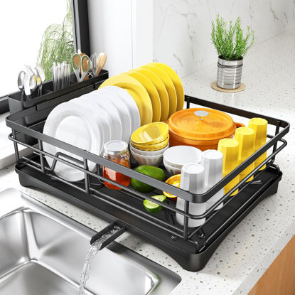 Picture of Dish Drying Rack for Kitchen Counter - Large Dish Rack with Drainboard, Rustproof Dish Drainer with Utensil Holder for Sink, Black
