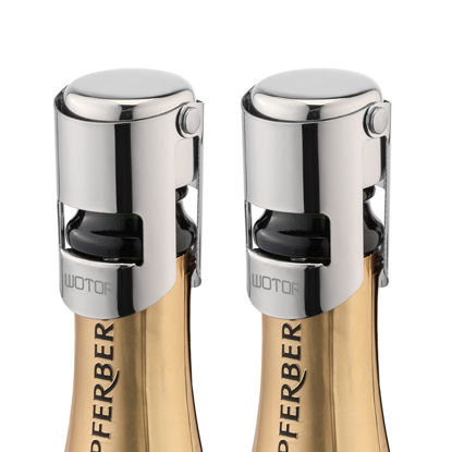 Picture of WOTOR Champagne Stoppers with Stainless Steel Champagne Bottle Stopper with Food Grade Silicone Reusable Champagne Cork, Saver Suitable for Champagne, Cava, Prosecco, Sparkling Wine (Silver, 2pack)