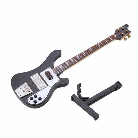 Picture of Miniature Bass, Black Miniature Bass Miniature Guitar Guitar Replica with Stand and Case Instrument Model Ornaments Gift be placed on the bookcase, desk, beside table and music room as decoration